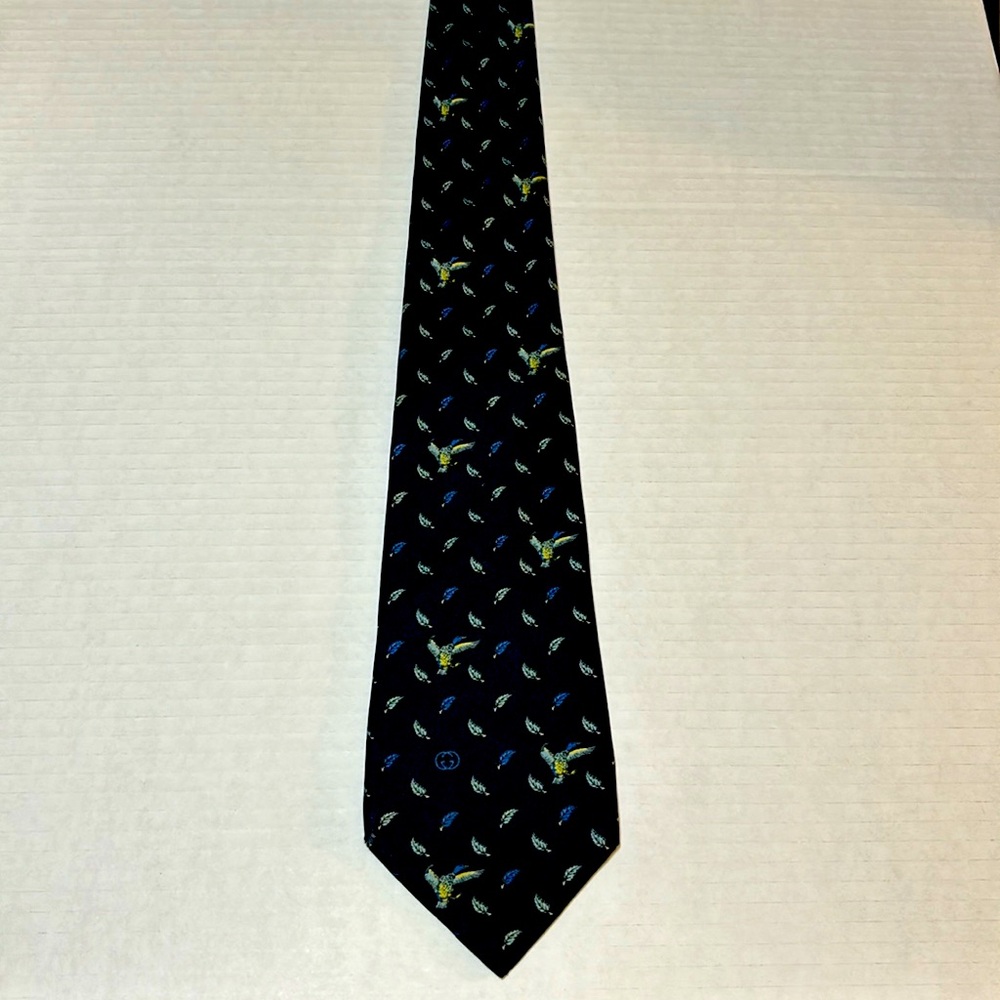 Vintage Gucci, silk necktie, ducks feathers, blue tan gray Italy